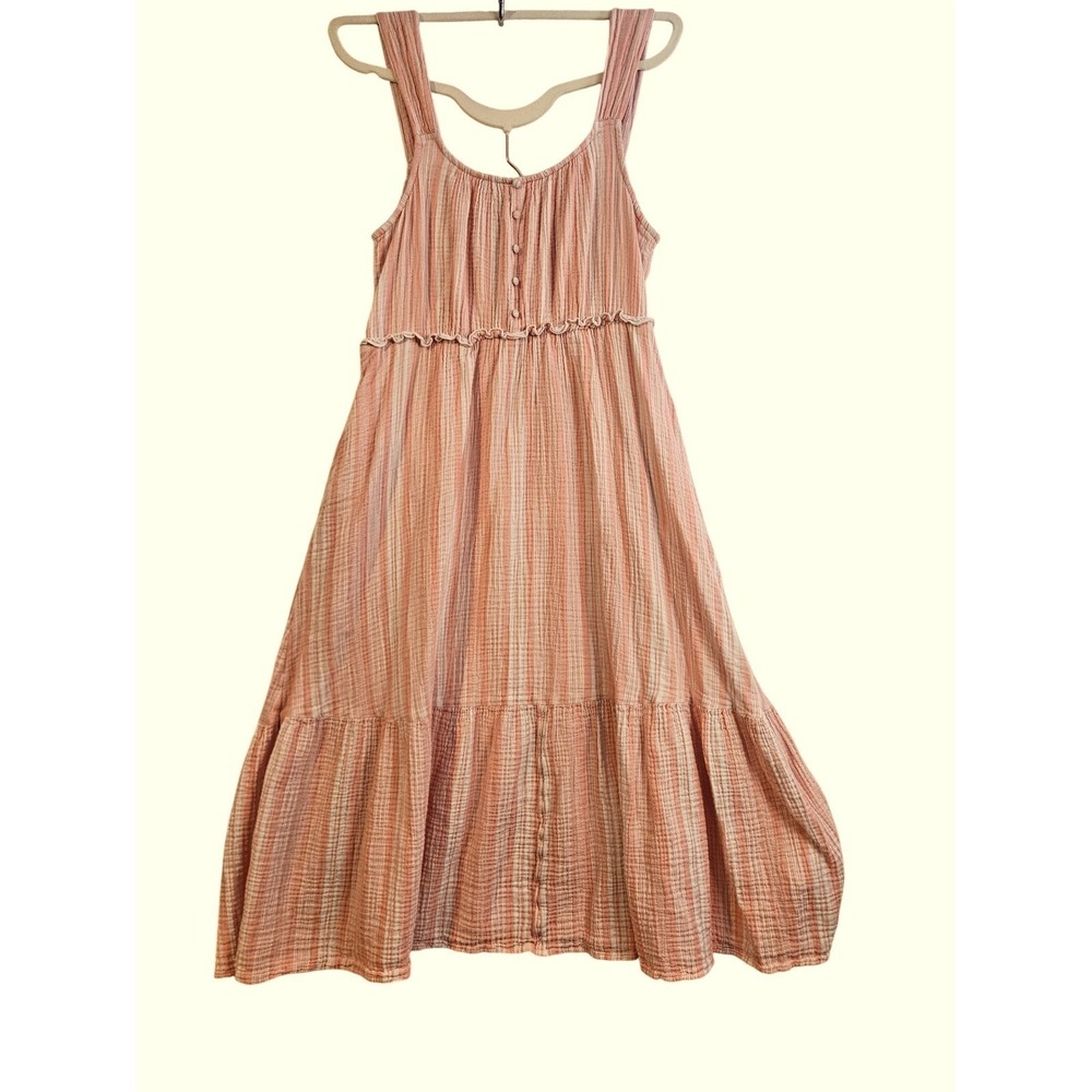 Pink Gauze Midi Tiered Fit And Flare Dress  L Cotton Seersucker‎ Sleeveless #702